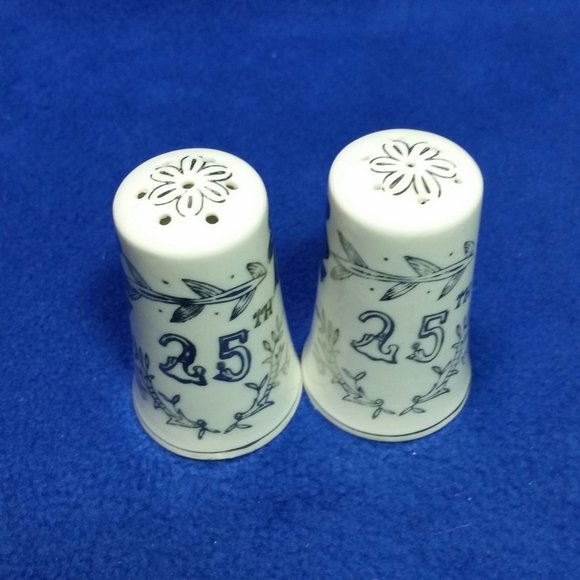 25th Silver Anniversary Salt & Pepper Shakers White & Silver Pre-Owned No Box - Picture 3 of 10